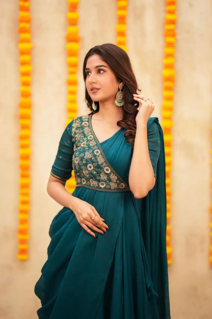 Look As Charming As  This Beautiful Unique Style Pre-Draped  Saree-anakarli With Beautiful Embroidery, Blouse Epitomizes Party-Ready Chic.(RRRD36)