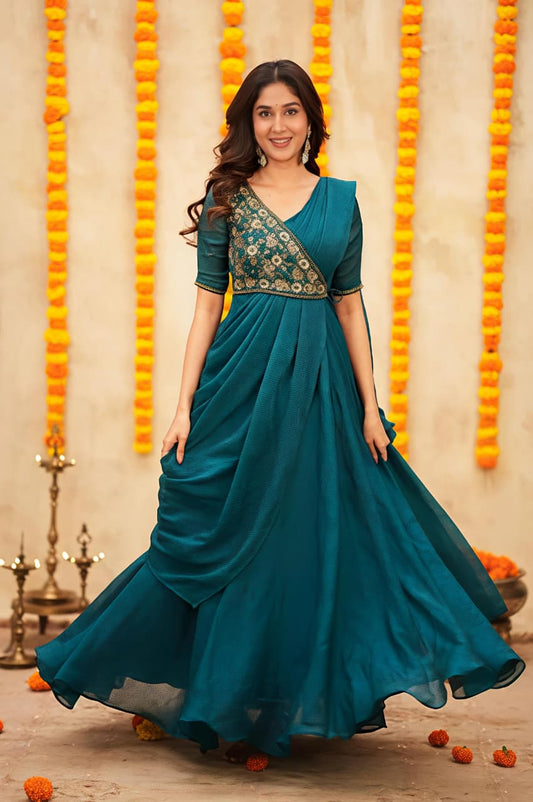 Look As Charming As  This Beautiful Unique Style Pre-Draped  Saree-anakarli With Beautiful Embroidery, Blouse Epitomizes Party-Ready Chic.(RRRD36)