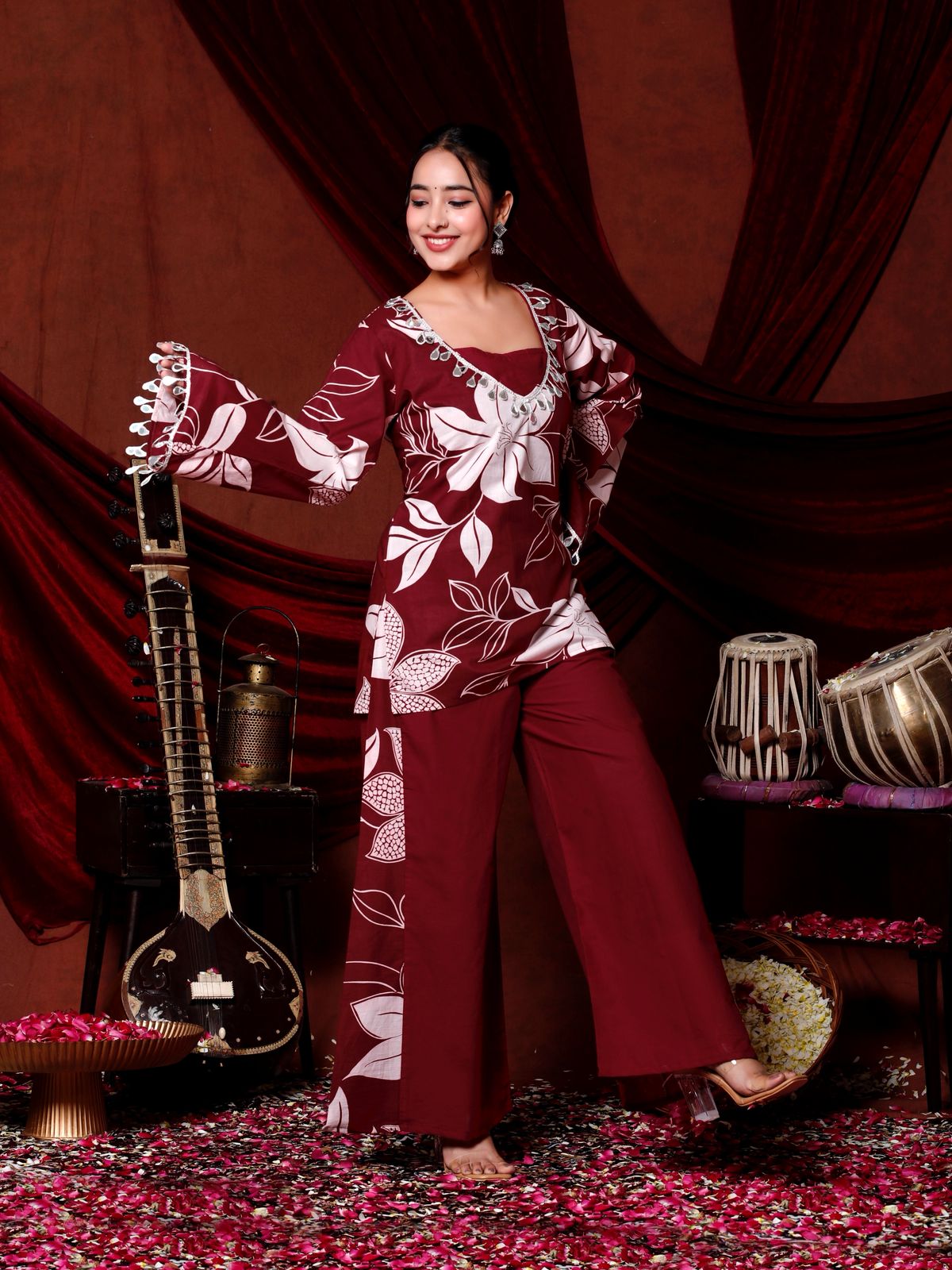 💕💕Adorn Yourself in Festive Elegance with this Stunning Maroon Floral Coord Set🌸🌸(RRRD37)