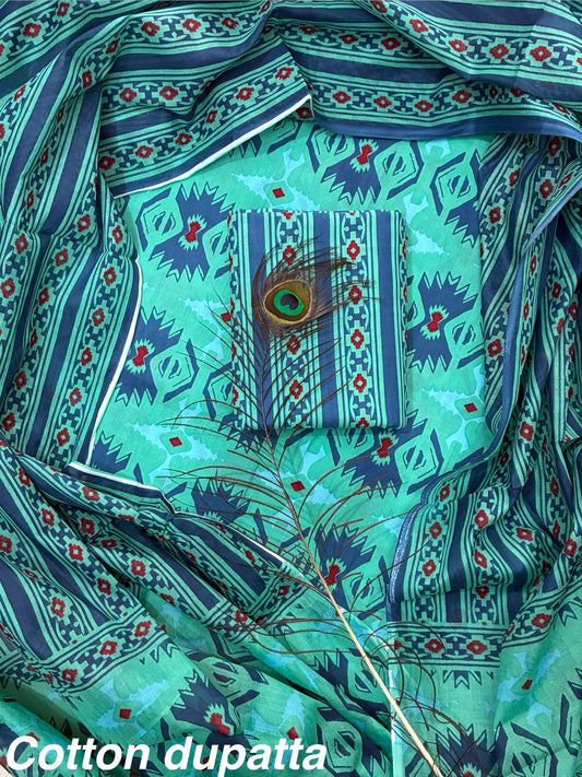 ELEGANT HAND BLOCK PRINT COTTON SUIT SET WITH MULMUL DUPATTA(WACOTMU45)