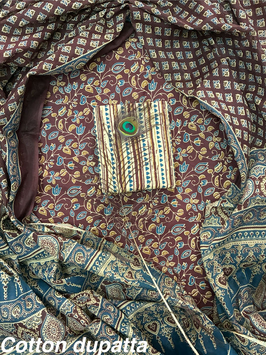 ELEGANT HAND BLOCK PRINT COTTON SUIT SET WITH MULMUL DUPATTA(WACOTMU16)