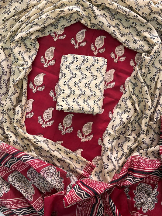 ELEGANT HAND BLOCK PRINT COTTON SUIT SET WITH MULMUL DUPATTA(WACOTMU07)