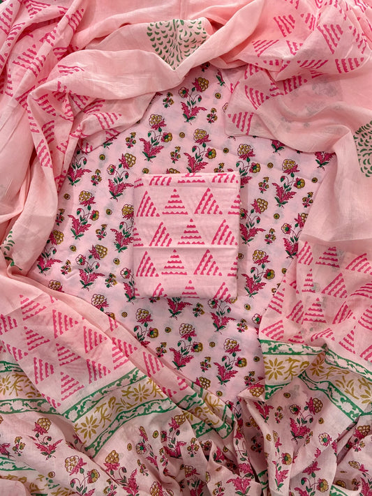 Designer Hand Block Print Cotton Suit Set with Mulmul Dupatta(WACOTMU110)