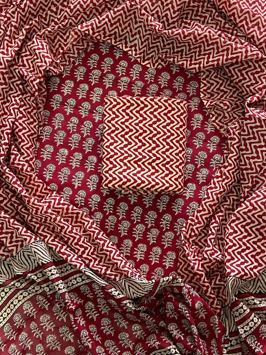 Designer Hand Block Print Cotton Suit Set with Mulmul Dupatta(WACOTMU112)