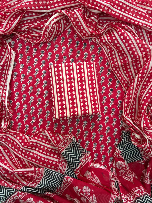 Designer Hand Block Print Cotton Suit Set with Mulmul Dupatta(WACOTMU122)