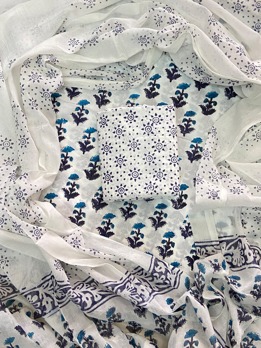 Designer Hand Block Print Cotton Suit Set with Mulmul Dupatta(WACOTMU128)