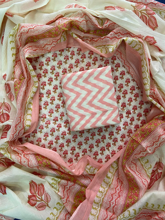 Designer Hand Block Print Cotton Suit Set with Mulmul Dupatta(WACOTMU129)