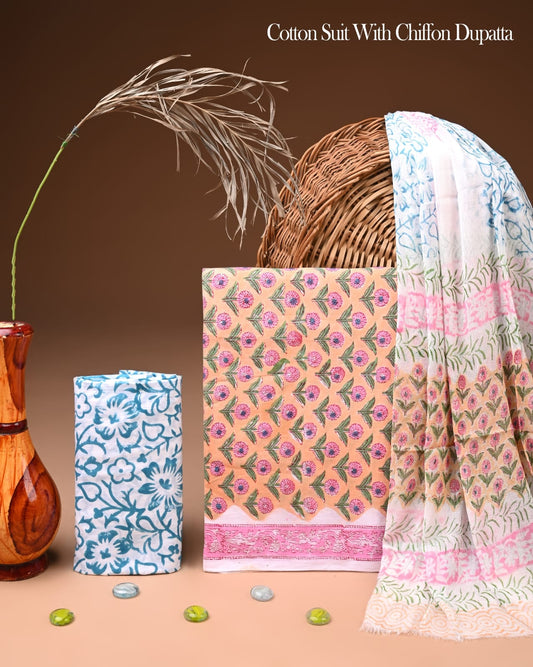 New Premium Hand Block Print Cotton Suit Set with Chiffon Dupatta(WACFCOTMU22)