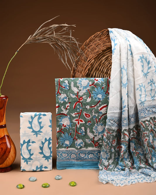 New Premium Hand Block Print Cotton Suit Set with Chiffon Dupatta(WACFCOTMU19)