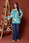 Elevate your ethnic wardrobe with this chic and vibrant fuchsia pink blue skay green  kurti. Featuring a striking white lily print, this piece is designed for the modern woman who loves a mix of classic charm and edgy details.(RRRD40)