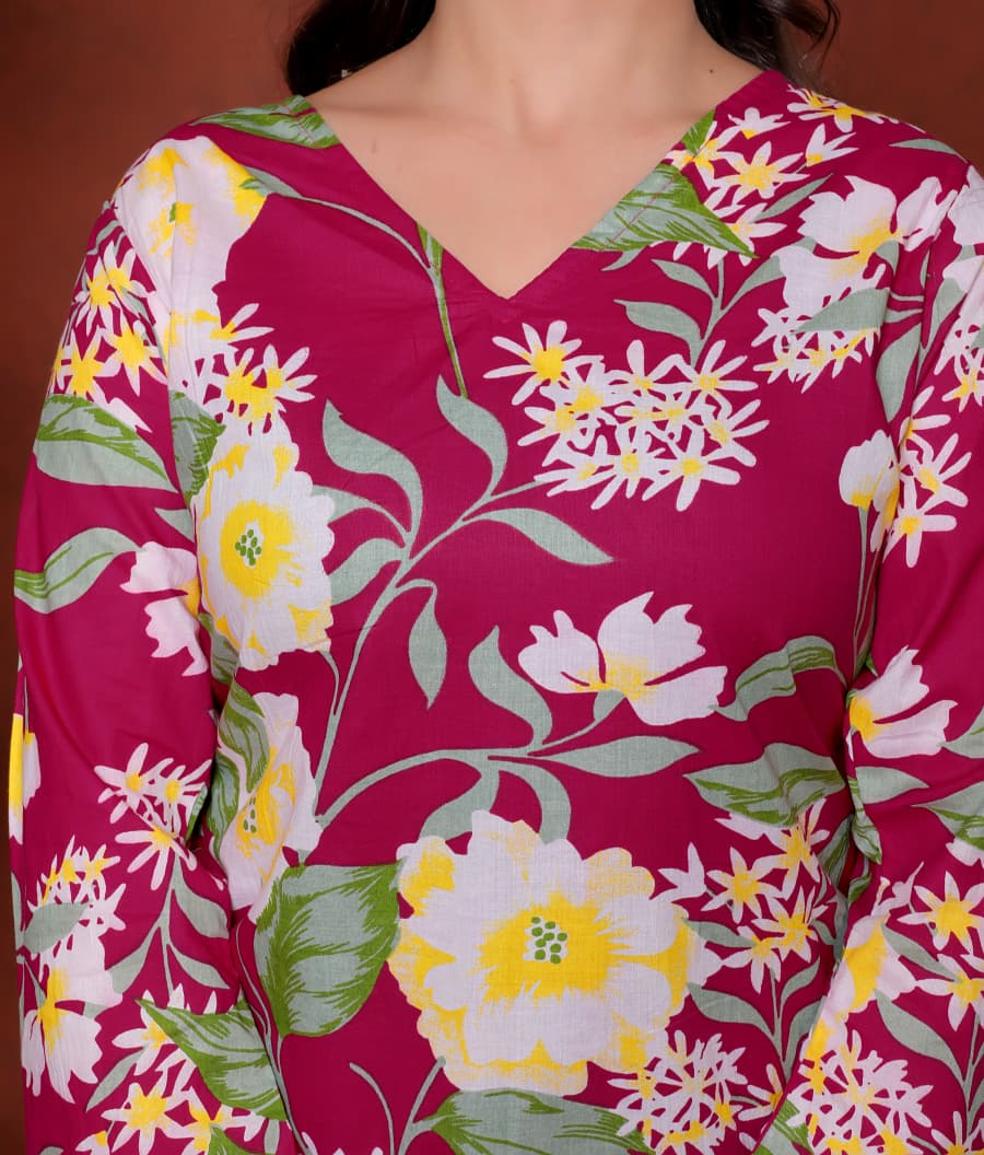 Elevate your ethnic wardrobe with this chic and vibrant fuchsia pink blue skay green  kurti. Featuring a striking white lily print, this piece is designed for the modern woman who loves a mix of classic charm and edgy details.(RRRD40)