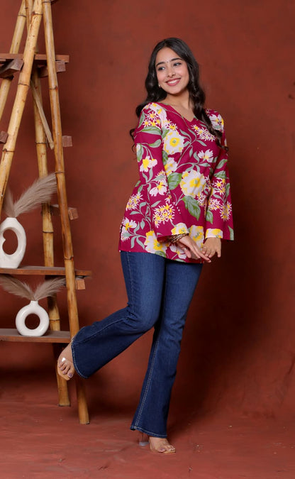 Elevate your ethnic wardrobe with this chic and vibrant fuchsia pink blue skay green  kurti. Featuring a striking white lily print, this piece is designed for the modern woman who loves a mix of classic charm and edgy details.(RRRD40)