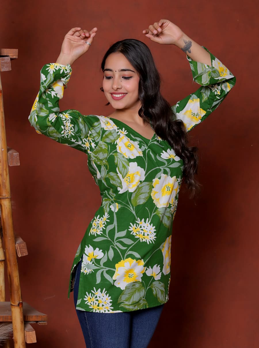 Elevate your ethnic wardrobe with this chic and vibrant fuchsia pink blue skay green  kurti. Featuring a striking white lily print, this piece is designed for the modern woman who loves a mix of classic charm and edgy details.(RRRD40)