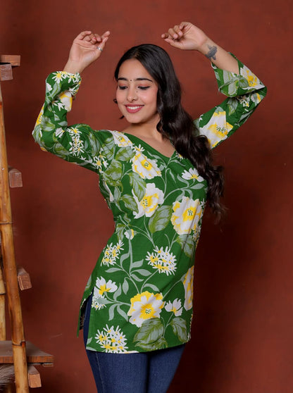 Elevate your ethnic wardrobe with this chic and vibrant fuchsia pink blue skay green  kurti. Featuring a striking white lily print, this piece is designed for the modern woman who loves a mix of classic charm and edgy details.(RRRD40)