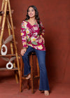 Elevate your ethnic wardrobe with this chic and vibrant fuchsia pink blue skay green  kurti. Featuring a striking white lily print, this piece is designed for the modern woman who loves a mix of classic charm and edgy details.(RRRD40)