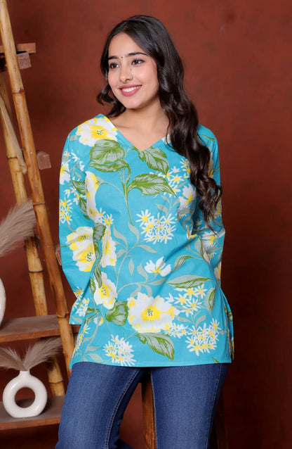 Elevate your ethnic wardrobe with this chic and vibrant fuchsia pink blue skay green  kurti. Featuring a striking white lily print, this piece is designed for the modern woman who loves a mix of classic charm and edgy details.(RRRD40)