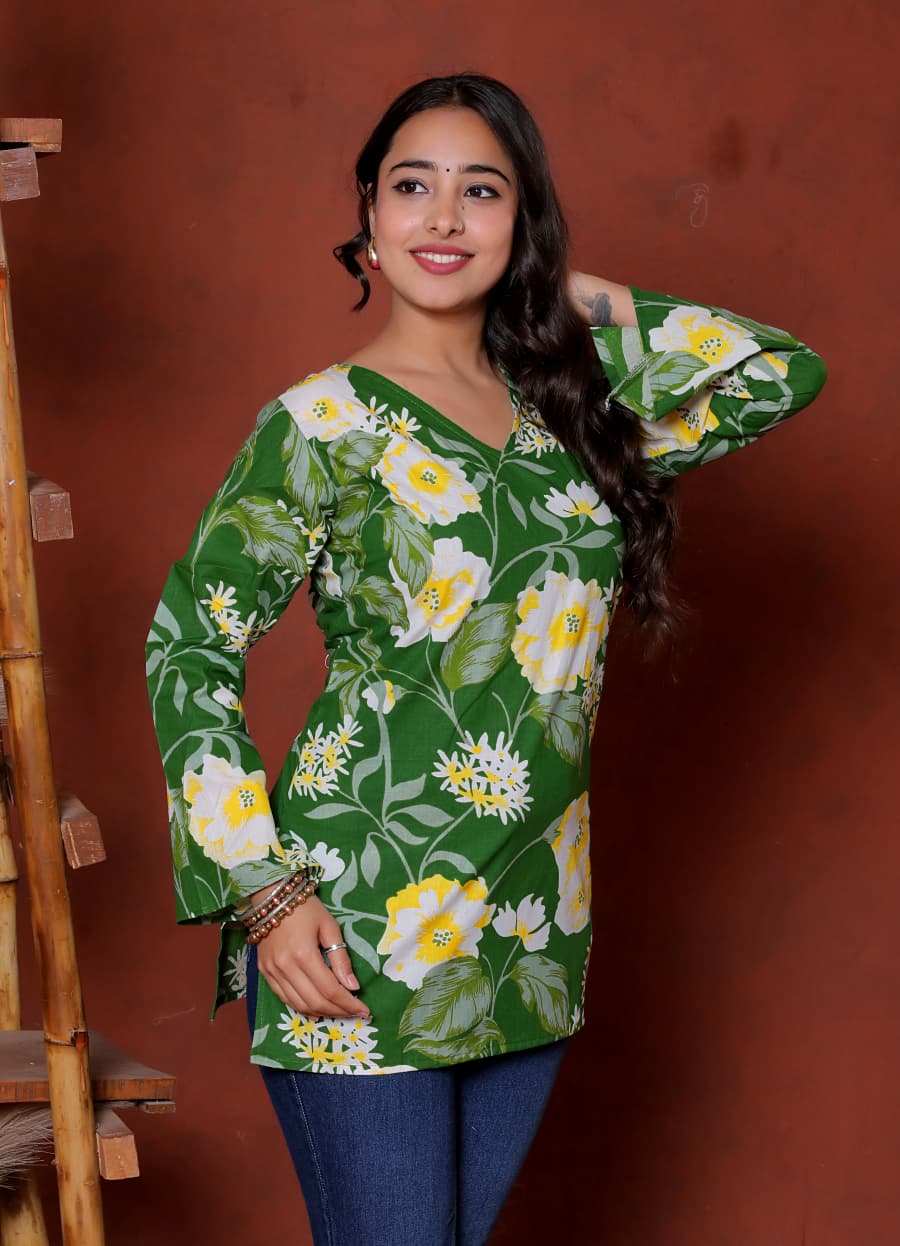 Elevate your ethnic wardrobe with this chic and vibrant fuchsia pink blue skay green  kurti. Featuring a striking white lily print, this piece is designed for the modern woman who loves a mix of classic charm and edgy details.(RRRD40)