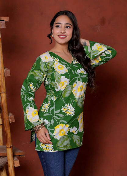 Elevate your ethnic wardrobe with this chic and vibrant fuchsia pink blue skay green  kurti. Featuring a striking white lily print, this piece is designed for the modern woman who loves a mix of classic charm and edgy details.(RRRD40)