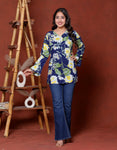 Elevate your ethnic wardrobe with this chic and vibrant fuchsia pink blue skay green  kurti. Featuring a striking white lily print, this piece is designed for the modern woman who loves a mix of classic charm and edgy details.(RRRD40)