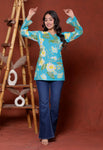 Elevate your ethnic wardrobe with this chic and vibrant fuchsia pink blue skay green  kurti. Featuring a striking white lily print, this piece is designed for the modern woman who loves a mix of classic charm and edgy details.(RRRD40)