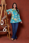 Elevate your ethnic wardrobe with this chic and vibrant fuchsia pink blue skay green  kurti. Featuring a striking white lily print, this piece is designed for the modern woman who loves a mix of classic charm and edgy details.(RRRD40)