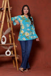 Elevate your ethnic wardrobe with this chic and vibrant fuchsia pink blue skay green  kurti. Featuring a striking white lily print, this piece is designed for the modern woman who loves a mix of classic charm and edgy details.(RRRD40)