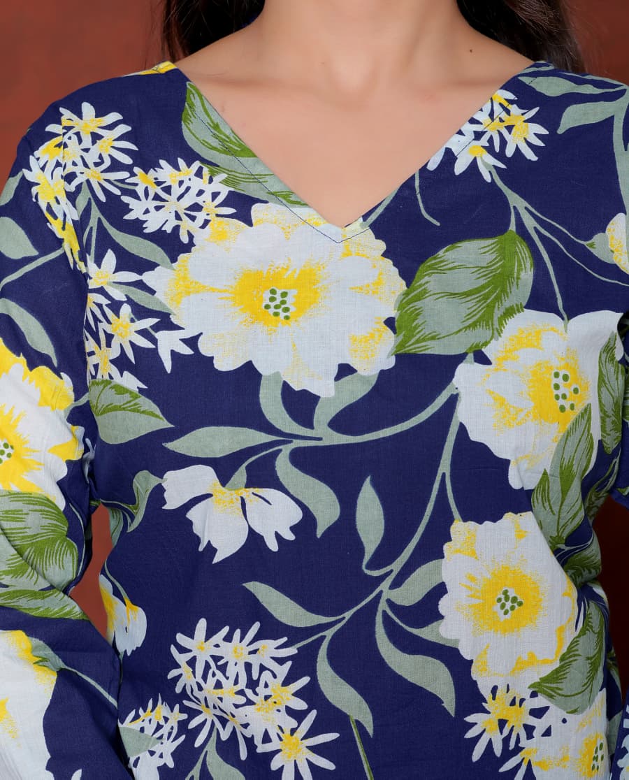 Elevate your ethnic wardrobe with this chic and vibrant fuchsia pink blue skay green  kurti. Featuring a striking white lily print, this piece is designed for the modern woman who loves a mix of classic charm and edgy details.(RRRD40)