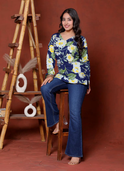 Elevate your ethnic wardrobe with this chic and vibrant fuchsia pink blue skay green  kurti. Featuring a striking white lily print, this piece is designed for the modern woman who loves a mix of classic charm and edgy details.(RRRD40)