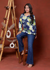 Elevate your ethnic wardrobe with this chic and vibrant fuchsia pink blue skay green  kurti. Featuring a striking white lily print, this piece is designed for the modern woman who loves a mix of classic charm and edgy details.(RRRD40)