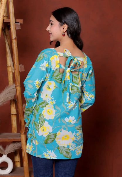 Elevate your ethnic wardrobe with this chic and vibrant fuchsia pink blue skay green  kurti. Featuring a striking white lily print, this piece is designed for the modern woman who loves a mix of classic charm and edgy details.(RRRD40)