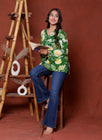 Elevate your ethnic wardrobe with this chic and vibrant fuchsia pink blue skay green  kurti. Featuring a striking white lily print, this piece is designed for the modern woman who loves a mix of classic charm and edgy details.(RRRD40)