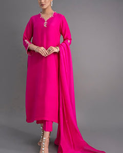 Graceful Fuchsia Embroidered Kurta Set with Flowing Dupatta and Elegant Flair(RRRD42)