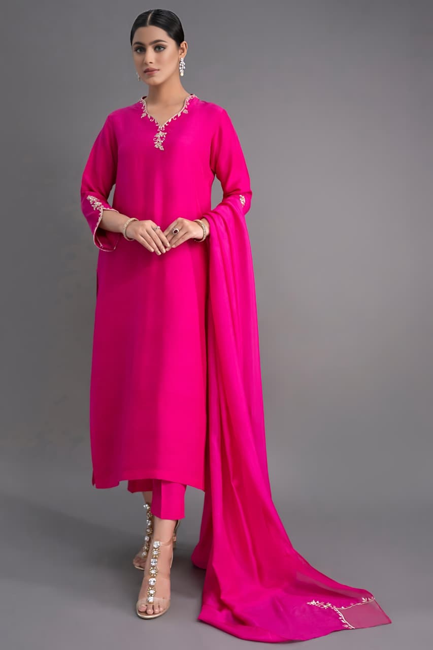 Graceful Fuchsia Embroidered Kurta Set with Flowing Dupatta and Elegant Flair(RRRD42)