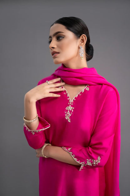 Graceful Fuchsia Embroidered Kurta Set with Flowing Dupatta and Elegant Flair(RRRD42)
