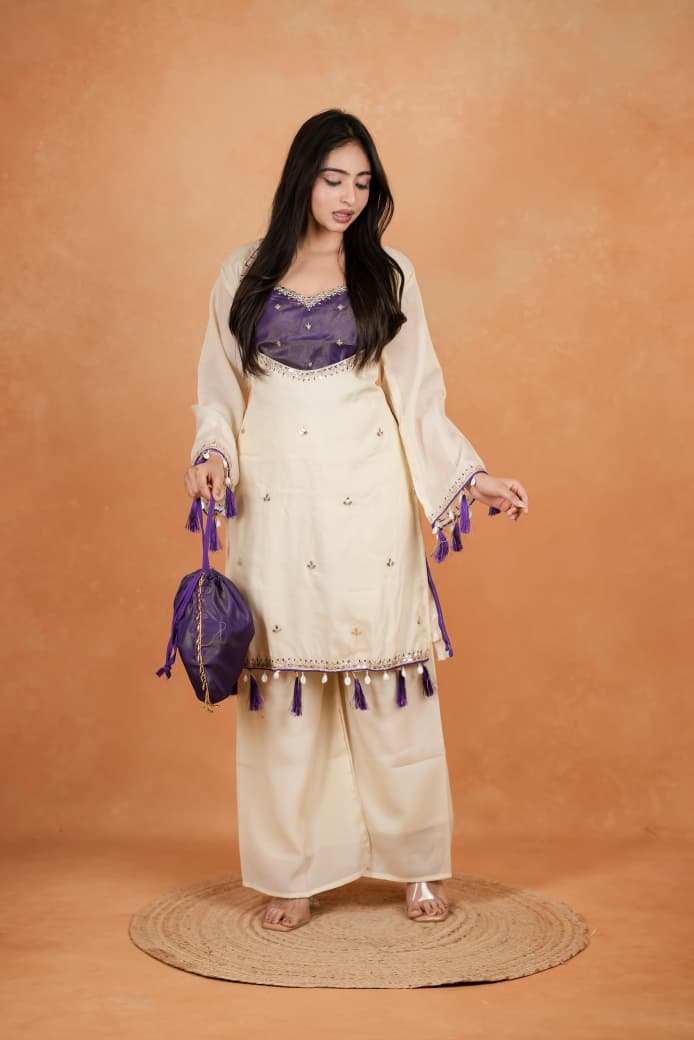 Featuring beautiful Heavy Suit Set which is beautifully decorated Embroidered🪡and Hand work. It is paired with matching Plazzo🪡.Complet Lining with Beautiful work(RRRD39)