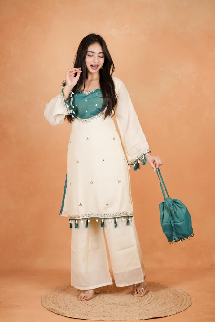 Featuring beautiful Heavy Suit Set which is beautifully decorated Embroidered🪡and Hand work. It is paired with matching Plazzo🪡.Complet Lining with Beautiful work(RRRD39)