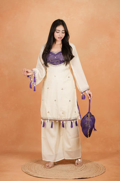 Featuring beautiful Heavy Suit Set which is beautifully decorated Embroidered🪡and Hand work. It is paired with matching Plazzo🪡.Complet Lining with Beautiful work(RRRD39)