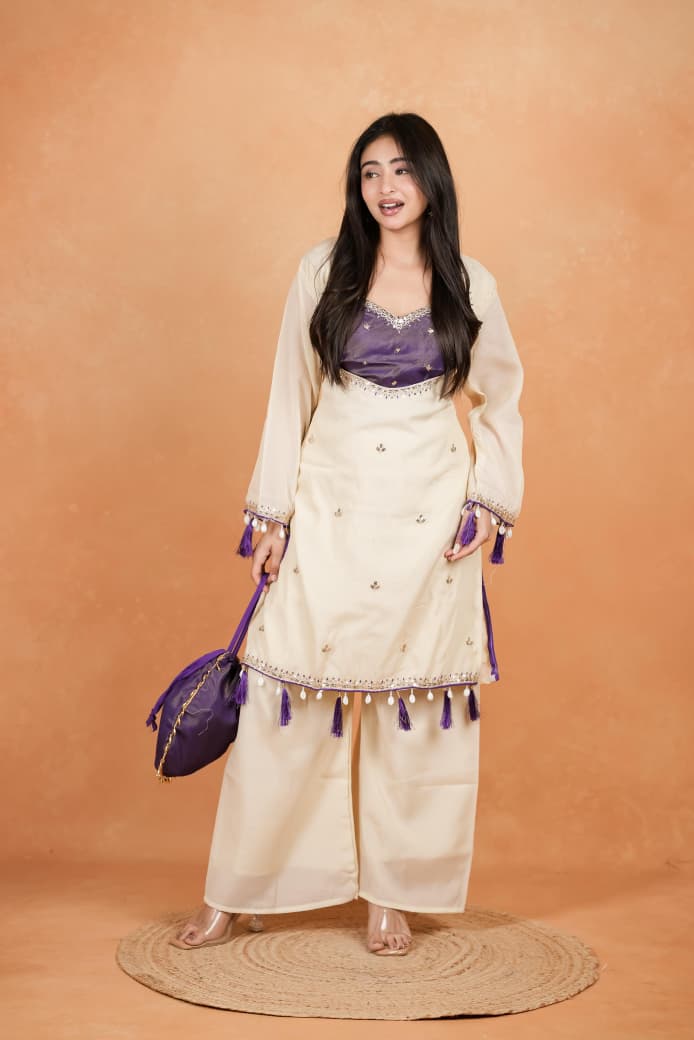 Featuring beautiful Heavy Suit Set which is beautifully decorated Embroidered🪡and Hand work. It is paired with matching Plazzo🪡.Complet Lining with Beautiful work(RRRD39)