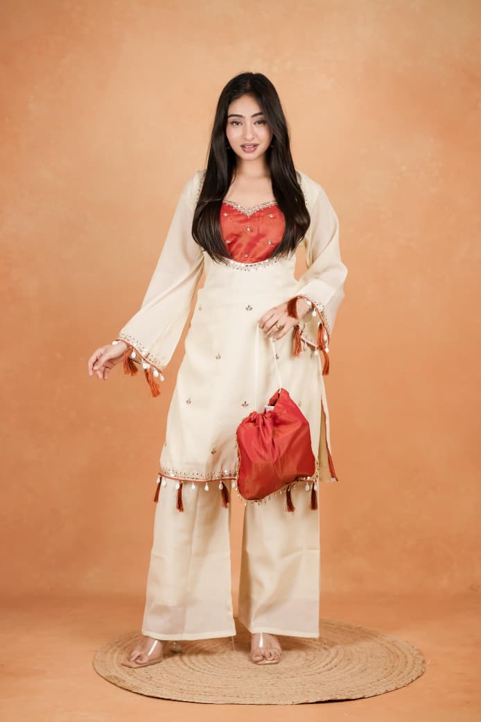 Featuring beautiful Heavy Suit Set which is beautifully decorated Embroidered🪡and Hand work. It is paired with matching Plazzo🪡.Complet Lining with Beautiful work(RRRD39)