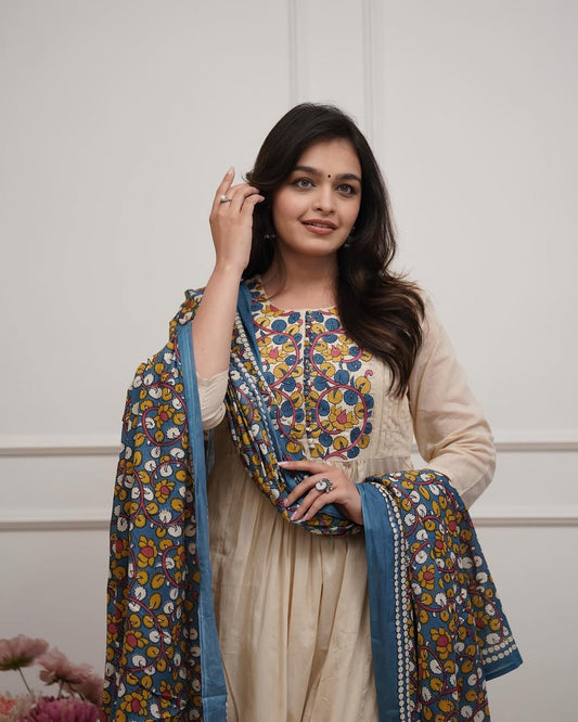 Designer Cream Anarkali Suit with Vibrant Floral Dupatta(RD43)