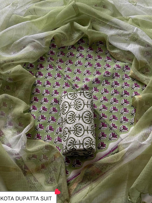 Premium Hand Block Print Cotton Suit Set with Kota Doria Dupatta WAKOTMU35