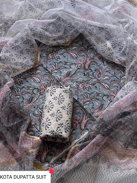 Suits Wala Hand Block Print Cotton Suit Set with Kota Doria DupattaWAKOTMU27