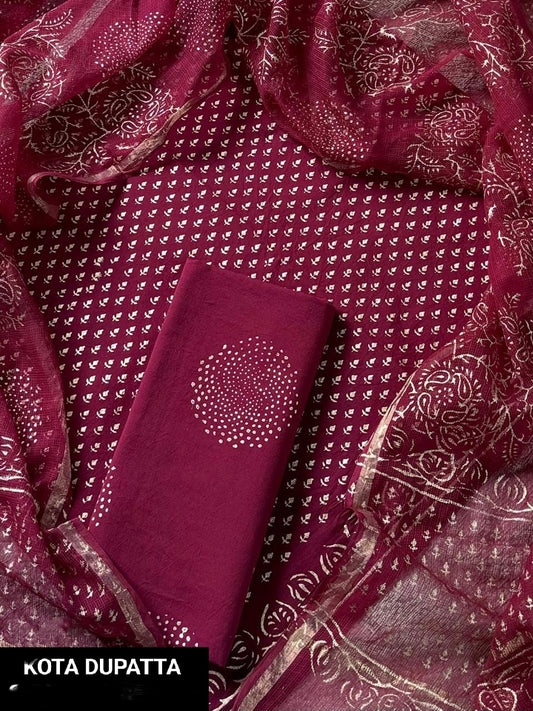 DESIGNER HAND BLOCK PRINT COTTON SUIT SET WITH KOTA DORIA DUPATTA (WAKOTMU16)