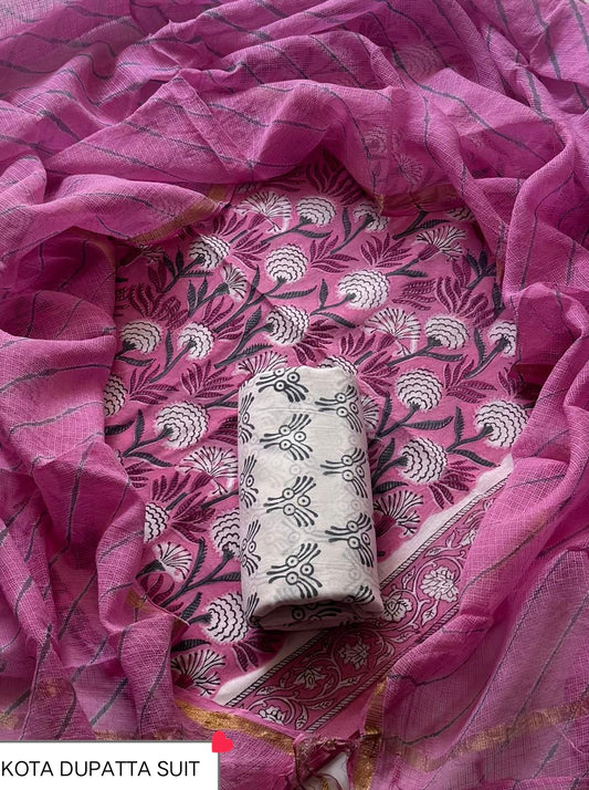 DESIGNER HAND BLOCK PRINT COTTON SUIT SET WITH KOTA DORIA DUPATTA (WAKOTMU14)