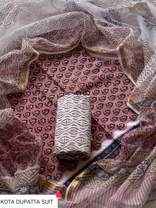 DESIGNER HAND BLOCK PRINT COTTON SUIT SET WITH KOTA DORIA DUPATTA(WAKOTMU10)