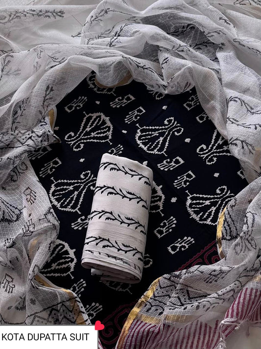 DESIGNER HAND BLOCK PRINT COTTON SUIT SET WITH KOTA DORIA DUPATTA(WAKOTMU09)