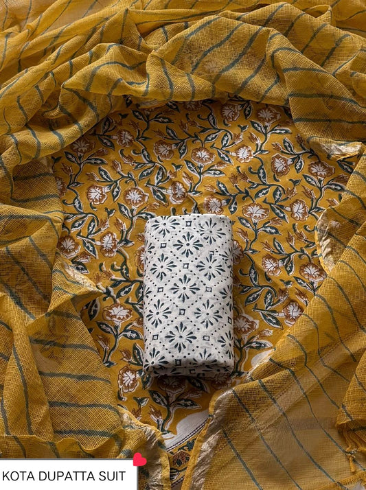 DESIGNER HAND BLOCK PRINT COTTON SUIT SET WITH KOTA DORIA DUPATTA(WAKOTMU07)