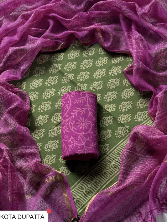DESIGNER HAND BLOCK PRINT COTTON SUIT SET WITH KOTA DORIA DUPATTA (WAKOTMU05)