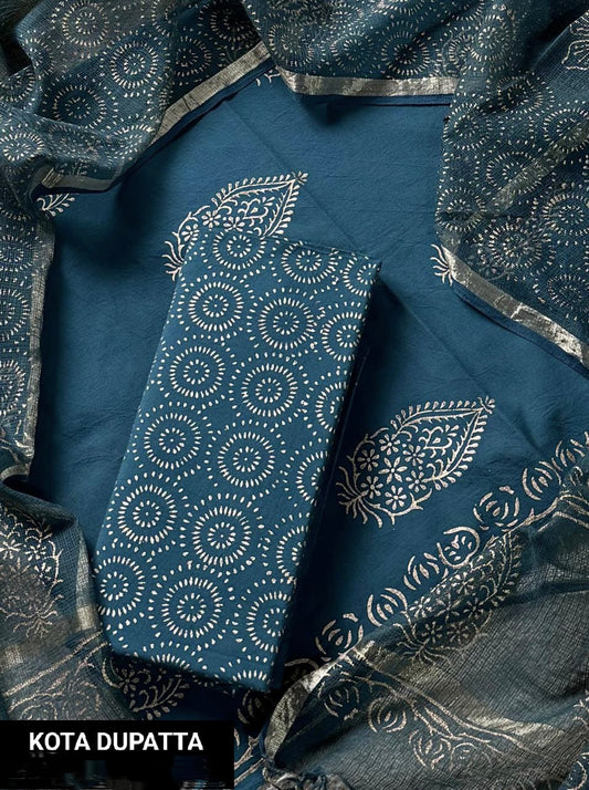 Premium Hand Block Print Cotton Suit Set with Kota Doria Dupatta(WAKOTMU01)