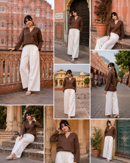 Elegant V-Neck Tunic & Palazzo Set  (CJ03)